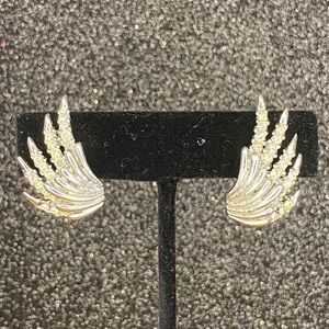 Vintage Silver Tone and Crystal Fan Clip Earrings